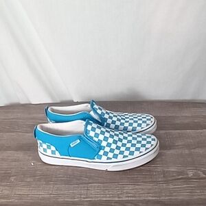 Vans Teal White Checkerboard Classic Slip-on Sneakers Size 5.5